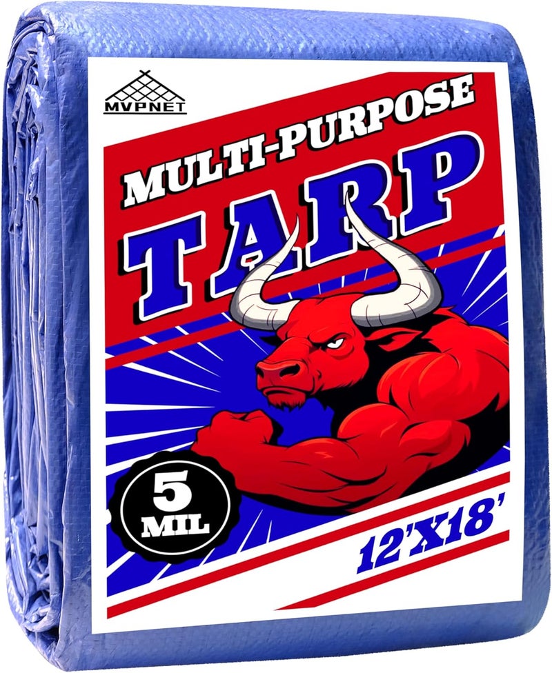 MVPNET Tarp 12x18 ft 100% Waterproof Uv Resistant High Durability Multipurpose 5mil Blue Tarp for Covering Courtyards, Cars, Camping, Gardens, Pet Nests -by - Image 1